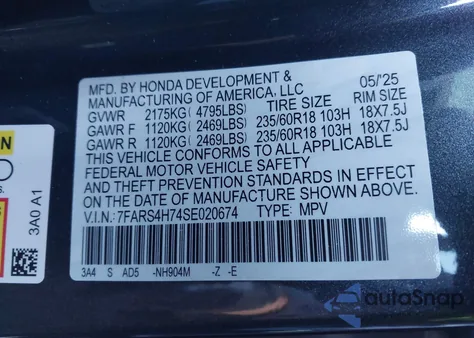 2025 Honda Cr-V Ex-L Awd z USA, uszkodzony, nr VIN 7FARS4H74SE020674